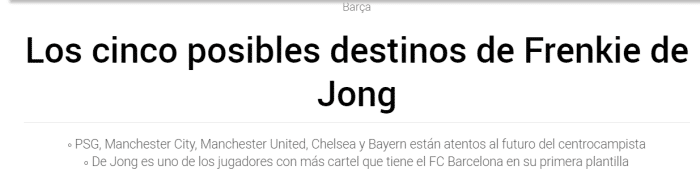 每体：拜仁、巴黎等5家豪门在关注德容