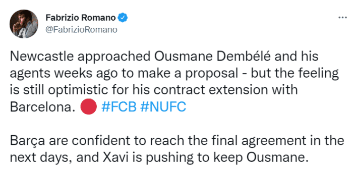 罗马诺：纽卡几周前联系过登贝莱并给出报价