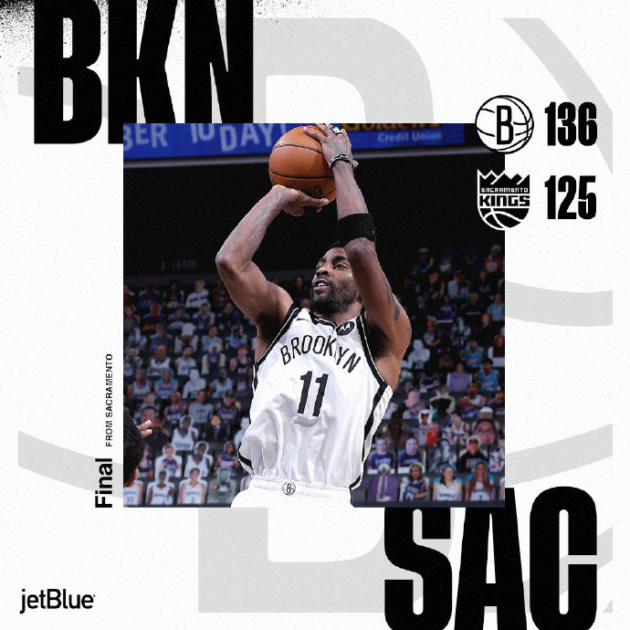 篮网136-125力擒国王 杜兰特缺阵欧文40分 哈登29+13+14