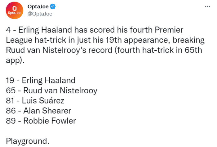 哈兰德19次出场4次戴帽，创英超历史最快纪录