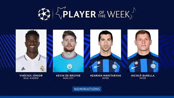 欧冠最佳候选：维尼修斯、德布劳内、姆希塔良、巴雷拉