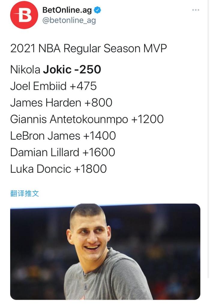 本赛季MVP赔率榜单出炉：詹姆斯仅第五，哈登位列第三，榜首实至名归