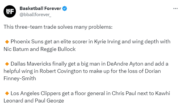 美媒列三方交易方案：欧文联手杜布冲冠 保罗重返快船艾顿去独行侠