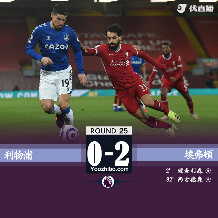 利物浦0-2埃弗顿 理查利森建功西古德森点射
