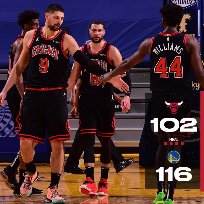 勇士116-102大胜公牛 库里32+5+6 武切维奇21+9+6