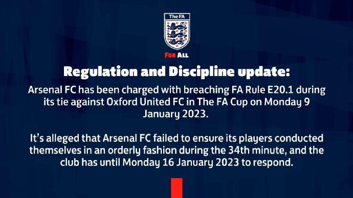 官方：英足总指控阿森纳围攻裁判