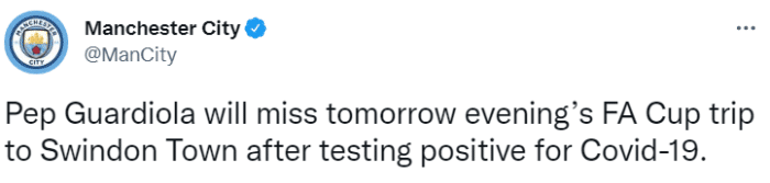 曼城官方：瓜迪奥拉感染新冠肺炎