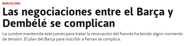 登贝莱经纪人认为，巴萨能签费兰，就有钱提高报价