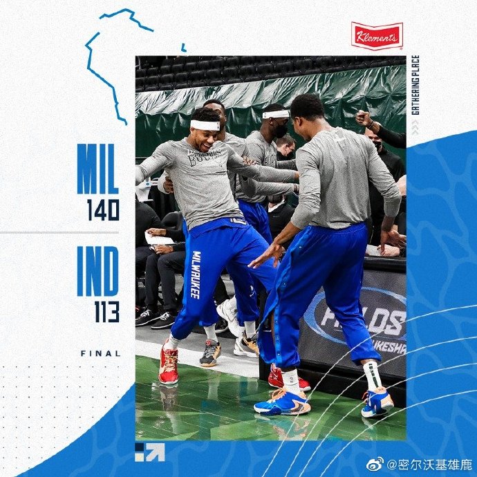 雄鹿以140-113大胜步行者 霍勒迪28+5+14 字母哥缺战