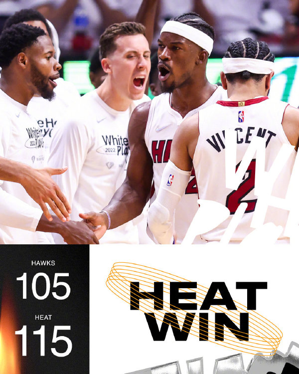 热火115-105再胜老鹰  巴特勒45+5+5 特雷-杨25+6+7+10失误