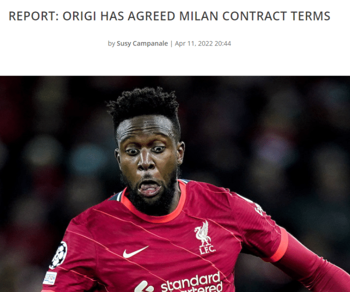 全市场：米兰与奥里吉签3+1年，年薪350万欧