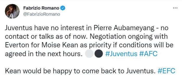 罗马诺：尤文首选签回小基恩，对奥巴梅扬没兴趣