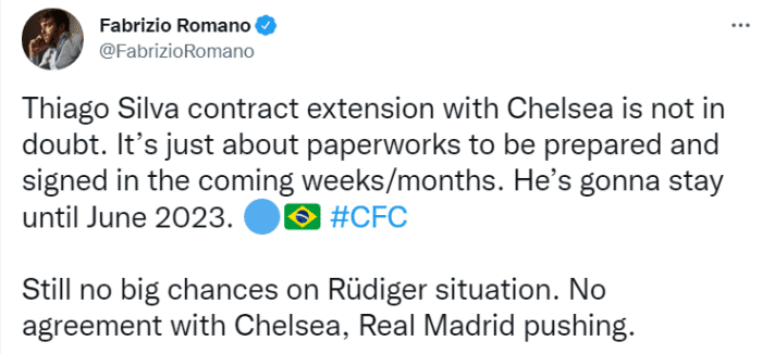 罗马诺：吕迪格不太可能与切尔西续约