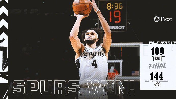 马刺144-109击败活塞 凯尔登27+5 贝23+8 H-迪亚洛28分