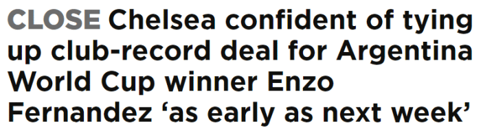 英媒：切尔西有信心最早下周敲定恩佐-费尔南德斯