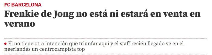 世体：巴萨不会在接下来的两个窗口出售德容