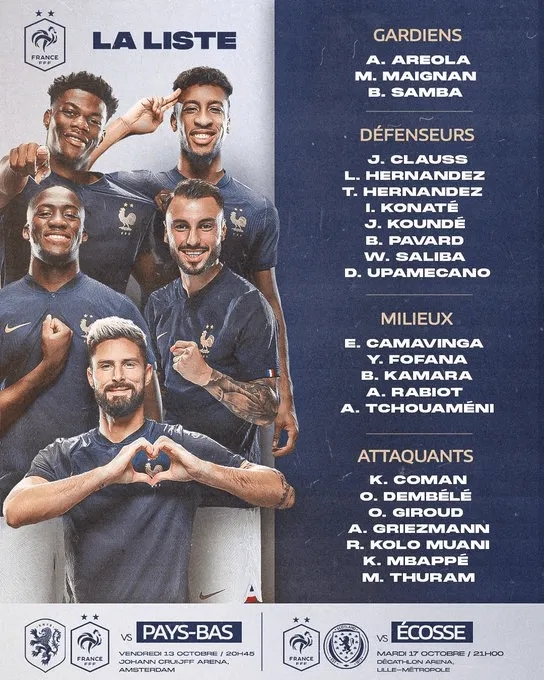 法国新一期大名单：姆巴佩领衔 登贝莱、格列兹曼在列