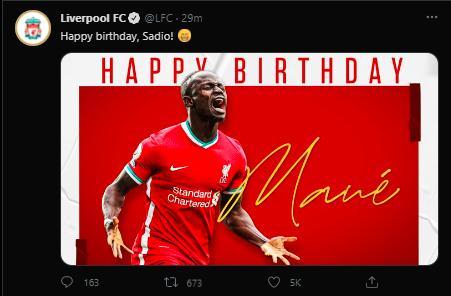 生日快乐！利物浦官方为马内送祝福