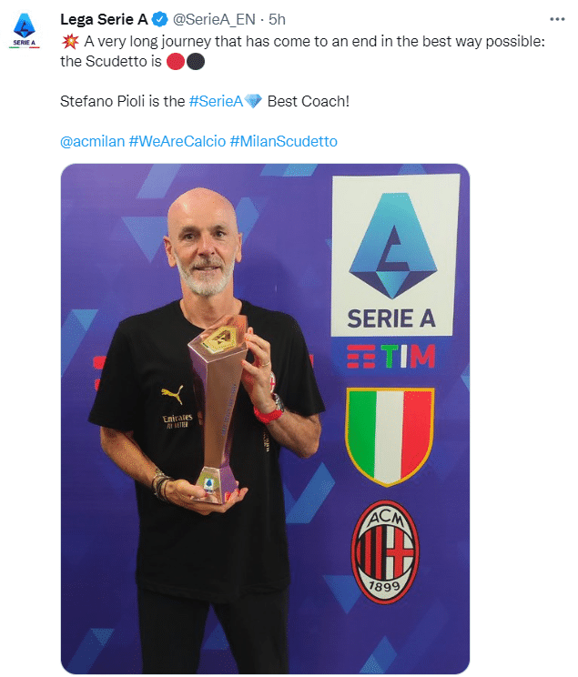 22年坚守终获首冠！皮奥利当选意甲赛季最佳主帅
