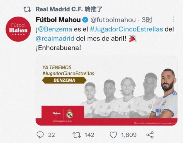 官方：本泽马当选4月队内最佳球员