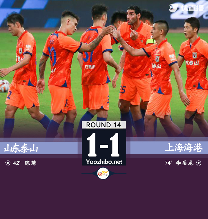 泰山1-1海港 陈蒲破门李圣龙扳平费莱尼进球被吹