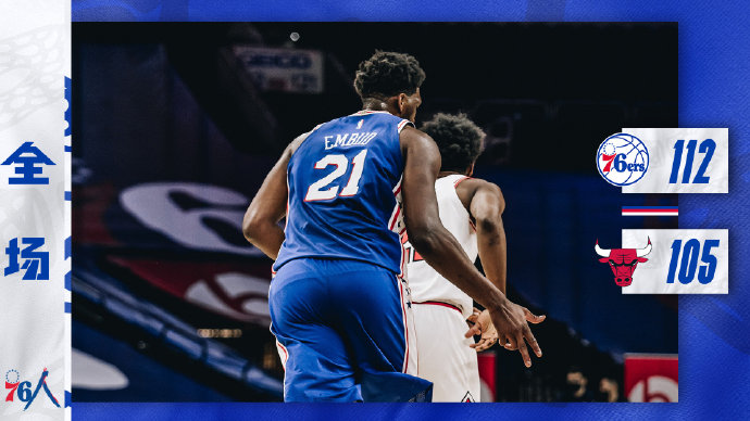 76人112-105力克公牛 恩比德50+17+5 哈里斯22+12+7