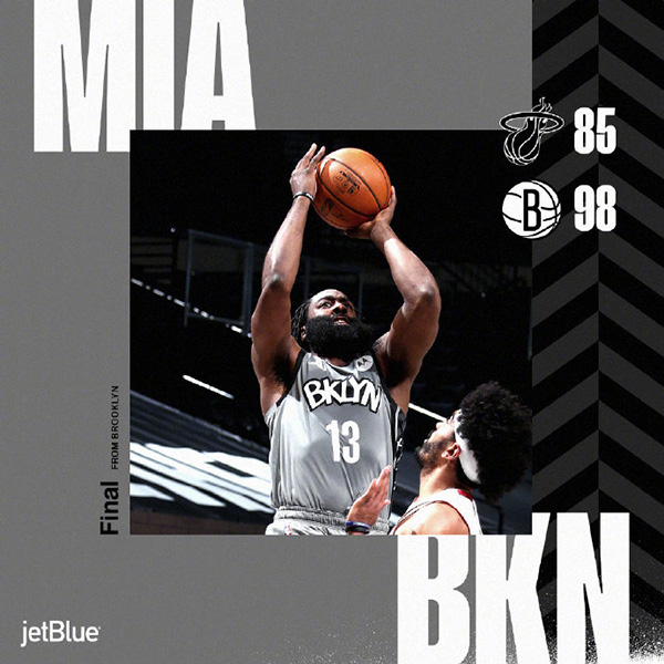 篮网98-85双杀热火 杜兰特20+13 哈登20+8