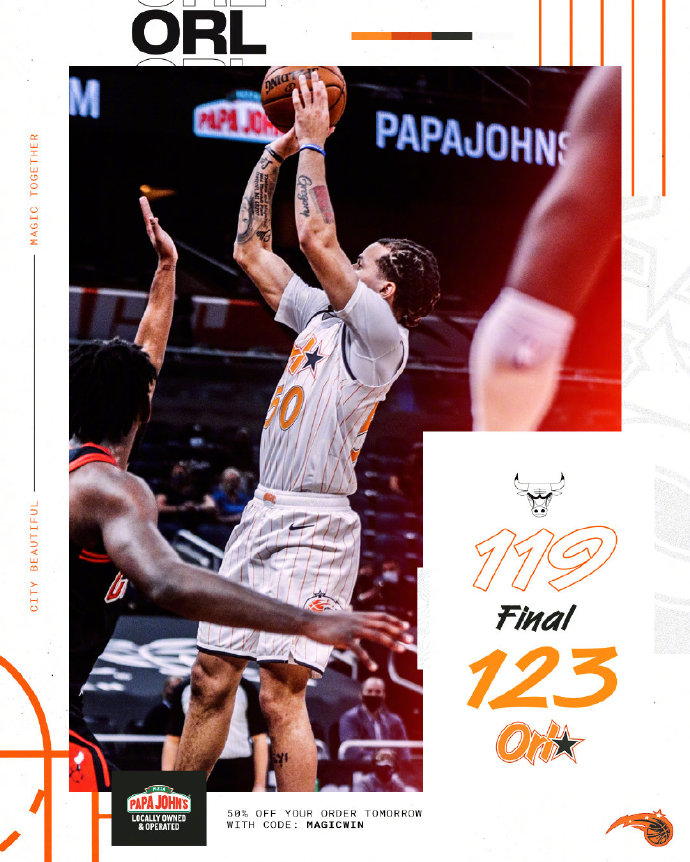 魔术123-119险胜公牛 武切维奇43+19 拉文26+8