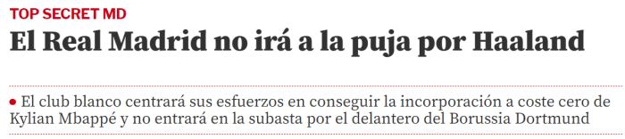 世体：皇马专注于姆巴佩，不会加入哈兰德争夺战