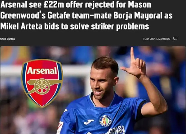 太阳报：阿森纳2200万英镑报价赫塔菲前锋博尔哈-马约拉尔遭拒