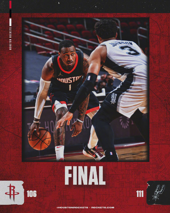 马刺111-106险胜火箭 德罗赞30+8+7 戈登26+7 马刺6人上双