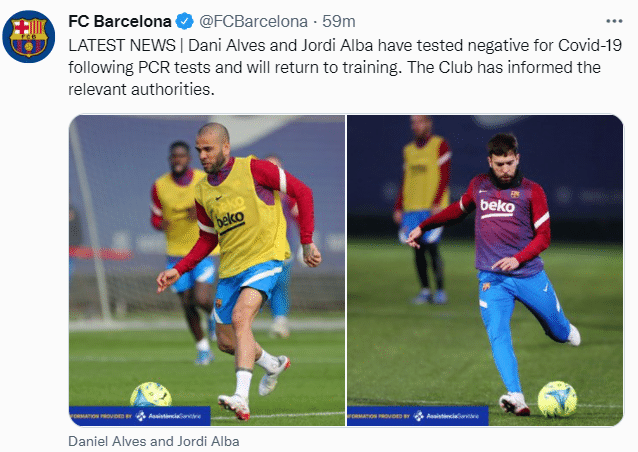 巴萨官方：阿尔维斯&阿尔巴新冠检测转阴