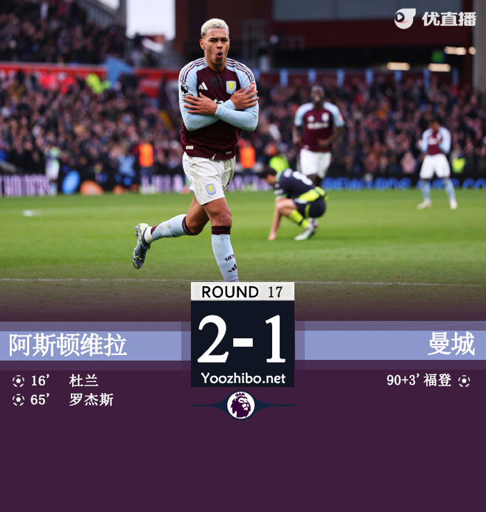 曼城1-2维拉掉出欧战区 蓝月后防漏洞百出哈兰德隐身