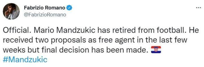 罗马诺：曼朱曾收到2份报价，但他还是选择退役