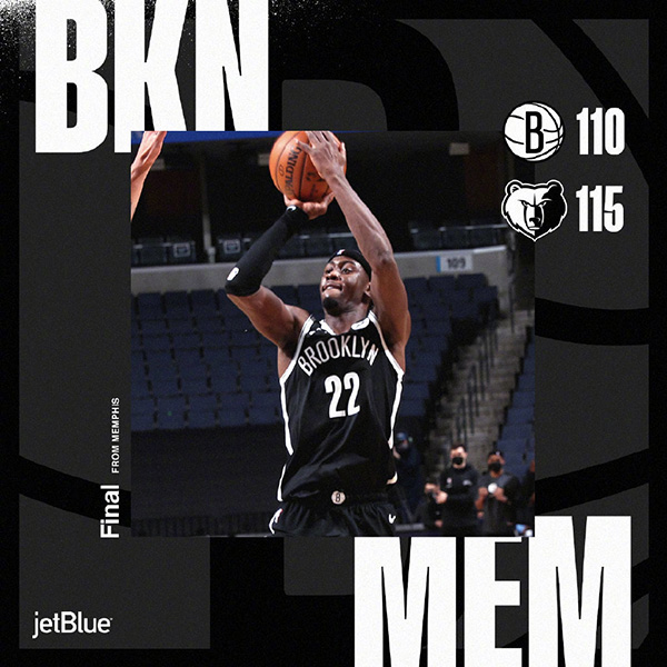 灰熊115-110险胜篮网 布鲁克斯24分 勒韦尔43分