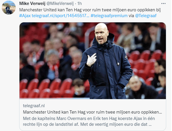 滕哈格是曼联新帅头号人选，违约金高于200万欧