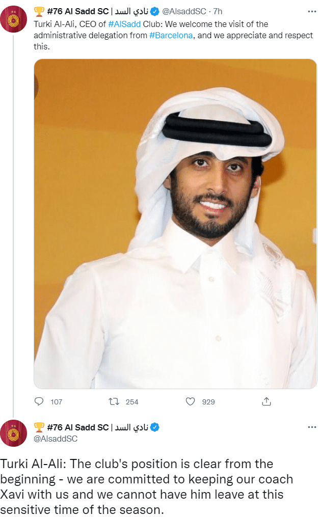 阿尔萨德官方：现在不能放主帅哈维离队