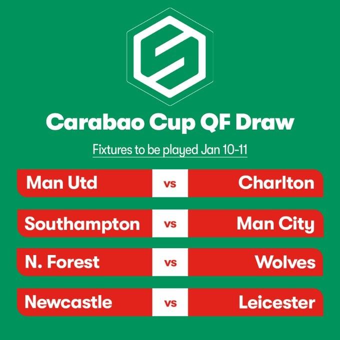 联赛杯8强对阵：曼联vs查尔顿，曼城vs圣徒