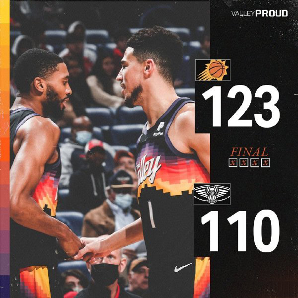 太阳123-110力克鹈鹕 布克33+9 保罗11+5+15 瓦兰25+16