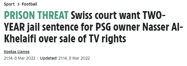 瑞士法院指控巴黎主席犯腐败罪，要他入狱28个月