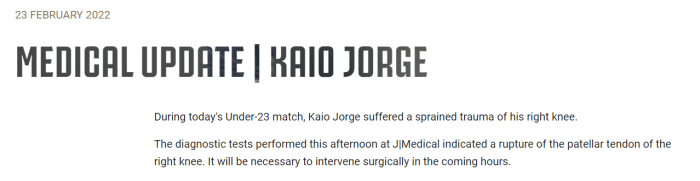 尤文新援若热右膝髌腱断裂将手术，预计缺阵半年