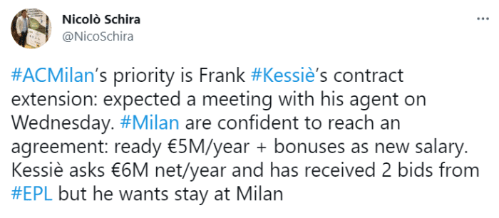 斯基拉：尽管收到2个英超报价，凯西仍想留在米兰