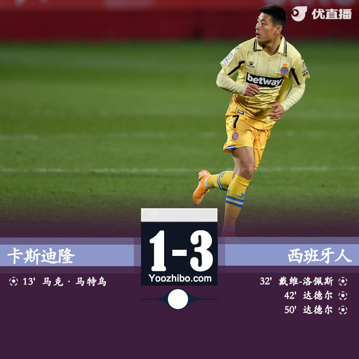 西班牙人3-1卡斯特利翁 武磊82分钟替补登场达德尔双响