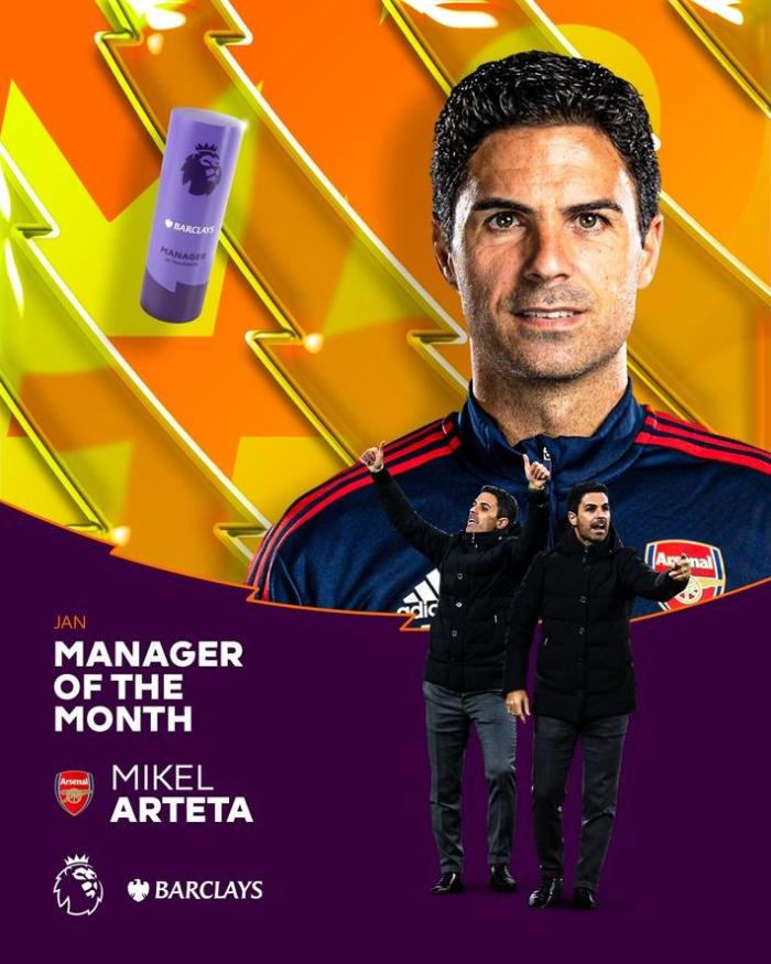 官方：阿尔特塔当选英超1月最佳主帅