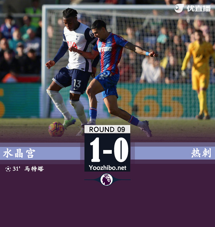 热刺0-1送水晶宫本赛季英超首胜 范德文后场失误马特塔制胜