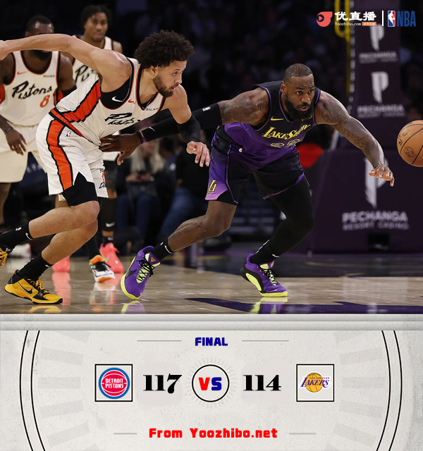 湖人114-117憾负活塞 康宁汉姆20+10 詹姆斯失绝平球&28+11+11