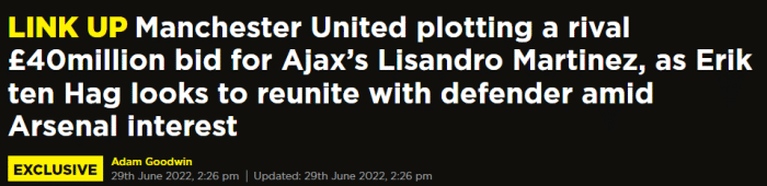 英媒：阿森纳3500万镑报价马丁内斯，曼联截胡