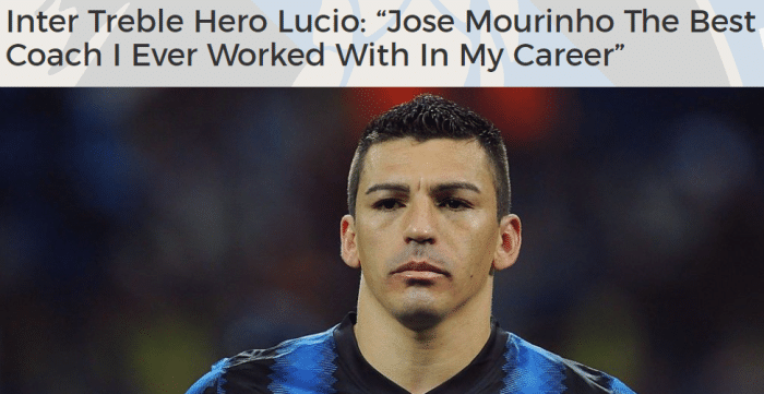 卢西奥：穆帅是我职业生涯合作过最好的主帅