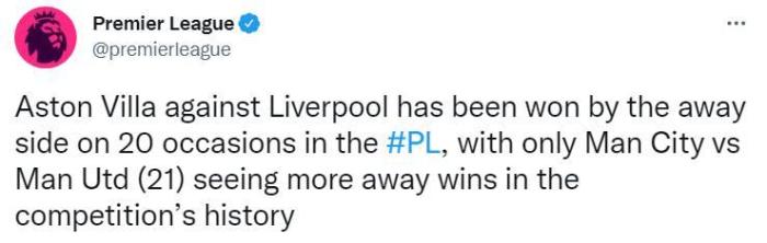 维拉20次客胜利物浦，仅次于曼城客胜曼联次数