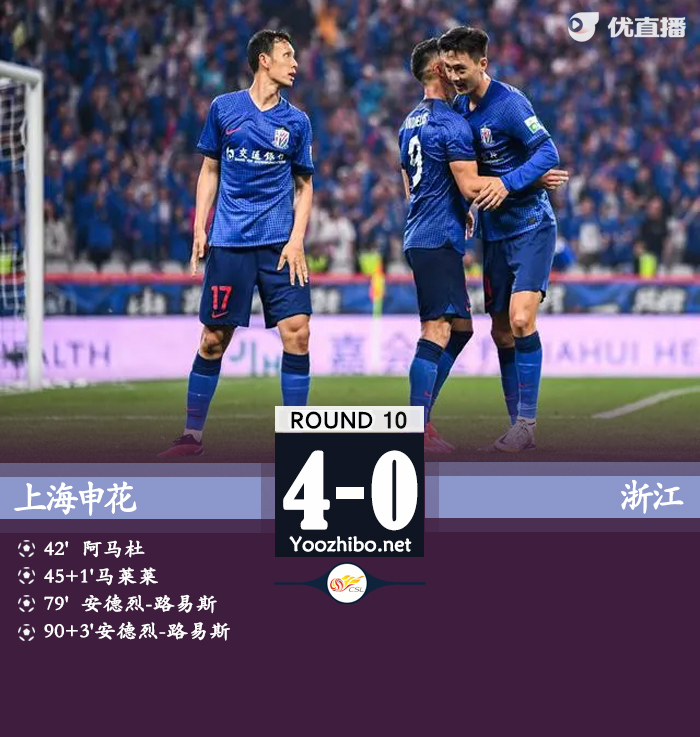 申花4-0浙江 马莱莱 岳鑫先后被2黄罚下